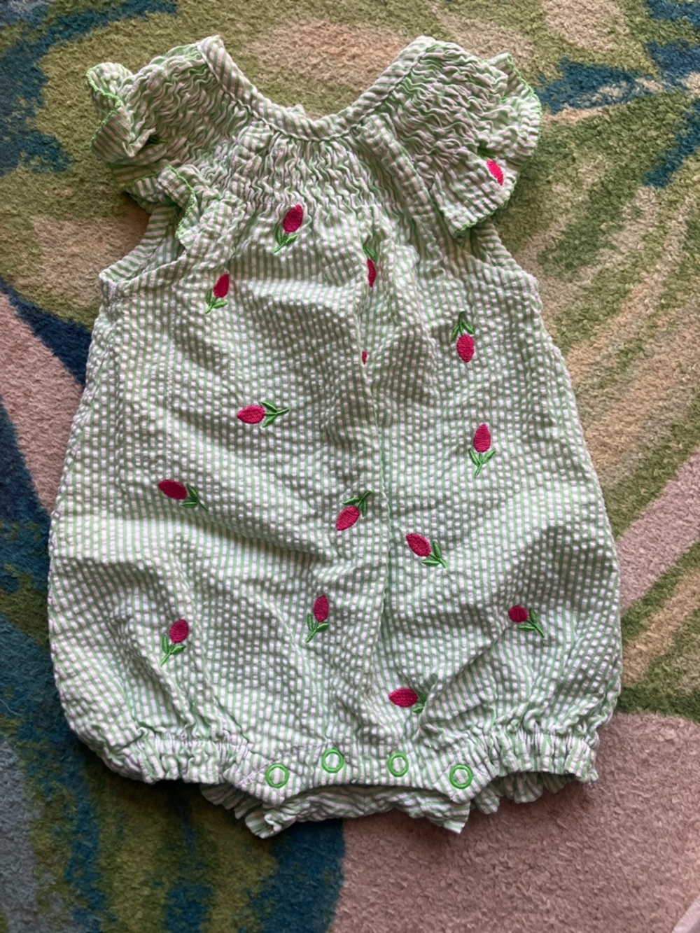 Baby Green Seersucker Bubble Romper with Pink Floral Embroidery